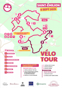 Parcours Vélotour Saint-Emilion 2025 - Grand Saint-Emilionnais Montagne, Néac, Lalande de Pomerol, Château Siaurac village départ et arrivée. Château Garraud, Moncets, Moulin de Calon, Roc de Calon, Croix Saint André, Fleur de Boüard Lycée Viticole, Libourne